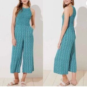 LOFT Ann Taylor Size 8 Floral Smocked Jumpsuit Halter Wide Leg Green Pockets